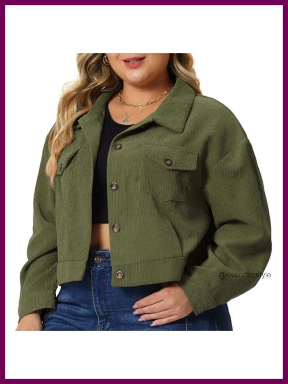Plus Size Corduroy Button Down Long Sleeve Cropped Shacket